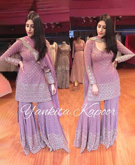 Lilac Purple Sharara With Kurti 3 Peice Set Heavy Embroidery - Etsy Lilac Sharara, Pakistani Kurta Set, Sharara Suit Designs Latest, Purple Sharara, Suits Design Latest, Sharara Suit Designs, Designer Sharara Suits, Pakistani Kurta, Purple Suits