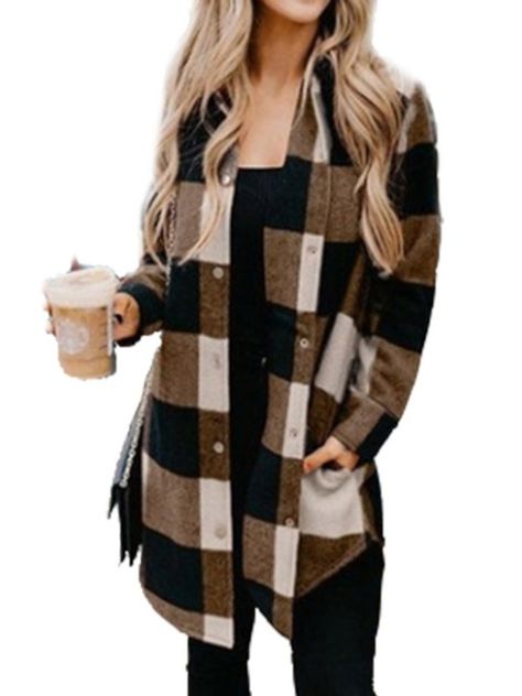 Loose Long Sleeve Single-Breasted Regular Women's Jacket Plaid Print Coat, Plaid Shirt Women, Straight Clothes, Plaid Shirts, Mini Robes, Plaid Coat, Long Sleeve Plaid Shirt, Print Coat, Long Sleeves Coats