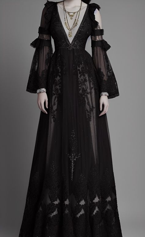 Vanessa Ives Outfit, What To Wear To A Gothic Wedding, Gothic Elegant Dress, Dark Tone Outfit, Vampire Fantasy Outfit, Gothic Evening Gown, Goth Princess Dress, Old Money Goth Aesthetic, Goth Fantasy Outfit