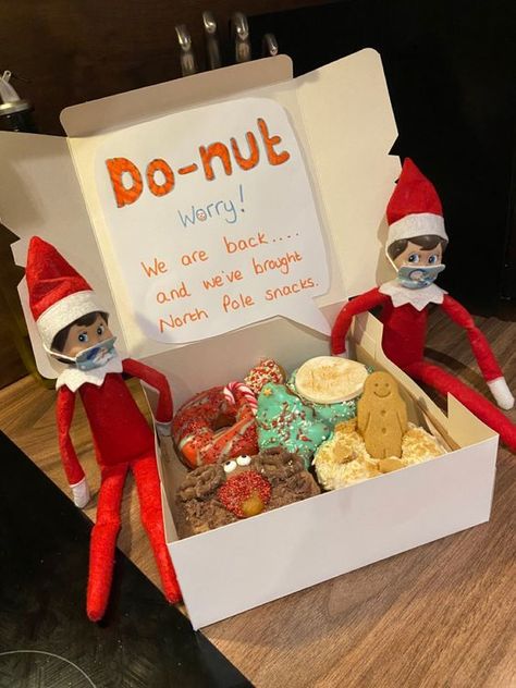 100 Hilarious Elf on the Shelf Ideas for you to copy - Hike n Dip Elf On The Shelf Im Back Gifts, Elf Send Off, Elf On The Shelf Ideas For Christmas Eve, Elf On The Self First Arrival, 2022 Elf On The Shelf Ideas, Elf On The Shelf Exit Ideas, Elf On The Shelf Donut Ideas, Elf Kit Ideas, Elf On The Self Return Ideas