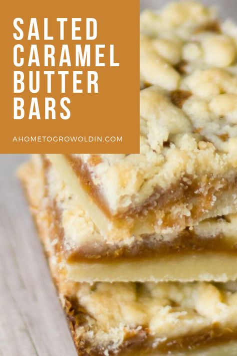 An easy dessert made from scratch, this ooey gooey Salted Caramel Butter Bars recipe is a delicious blend of salty and sweet that is a great party idea. #ahometogrowoldin #dessertbars #baking Disney Caramel Butter Bars, Salted Caramel Butter Bars, Caramel Butter Bars, Salted Caramel Desserts, Butter Bars Recipe, Easy Dessert Idea, Salty Desserts, Caramel Butter, Salted Caramel Bars