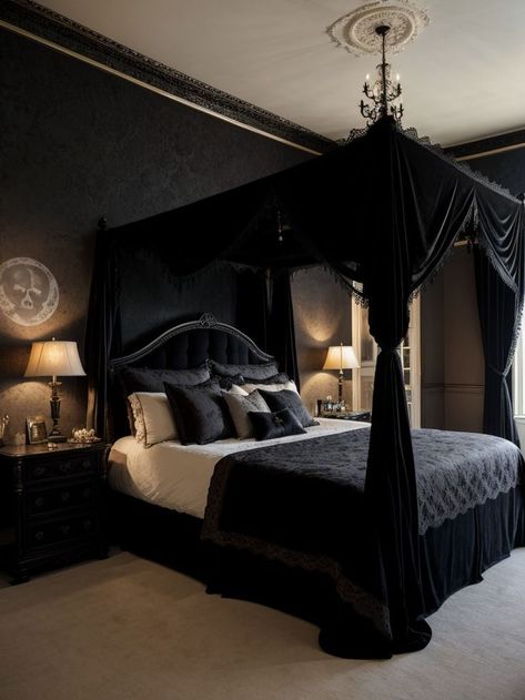 Goth Bedroom, Black Bedroom Design, Vintage Bedroom Decor, Gothic Bedroom, Feminine Bedroom, Moody Bedroom, Dark Bedroom, Dark Home Decor, Four Poster Bed