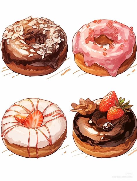 Ovaltine Drawing, Anime Foods Aesthetic, Drawing Donut, Kawaii Food Illustration, Drawings Of Food, Donut Painting, Donut Drawing, Dessert Drawing, Kue Macaroon