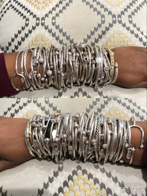 My current March/April stack #WIB #westindianbangle #sterlingsilverbangles #goldbanglebracelet #sterlingsilverbracelets Silver Bangle Stack, West African Jewelry, Stacking Silver Bracelets, Tooth Caps, Chunky Silver Jewellery, Vintage Indian Jewelry, West Indian Bangles, Bangle Stack, Silver Bracelet Stack