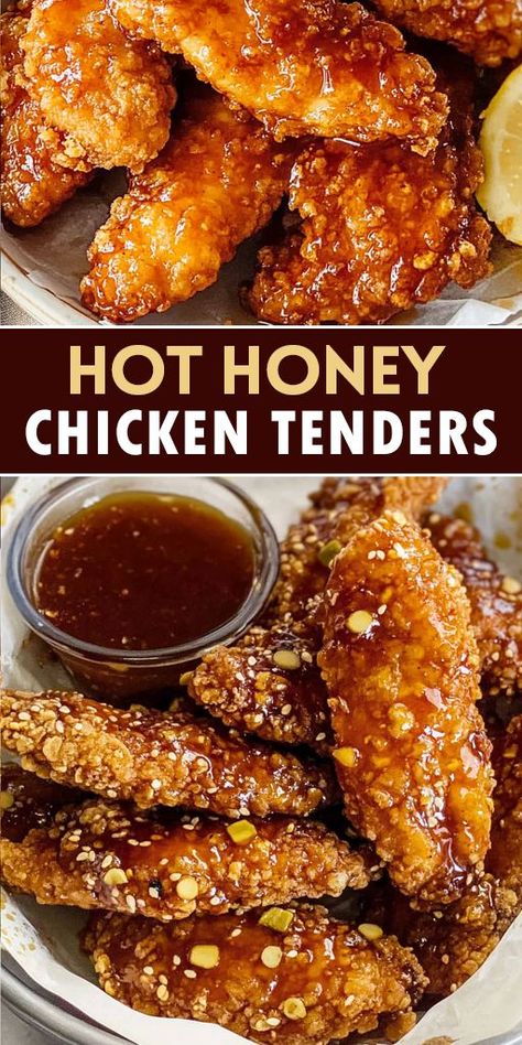 These Hot Honey Chicken Tenders are the perfect blend of crispy, golden goodness with a kick of heat and a drizzle of honey! 🌶🍯 Whether you're planning a quick dinner, game-day snack, or family meal, this easy recipe will have everyone asking for seconds. 👉 Try it today and experience the perfect combination of spicy and sweet. Don’t forget to save this Pin and share your results! 🤩 #RecipeIdeas #SpicyChicken #EasyMeals #HotHoneyChicken #ChickenTenders #FoodLovers Honey Dinner Recipes, Hot Honey Fried Chicken, Honey Sauce For Chicken, Fried Chicken Tenders Recipe, Crispy Baked Chicken Tenders, Hot Honey Chicken Tenders, Honey Chicken Tenders, Homemade Hot Honey, Hot Honey Sauce