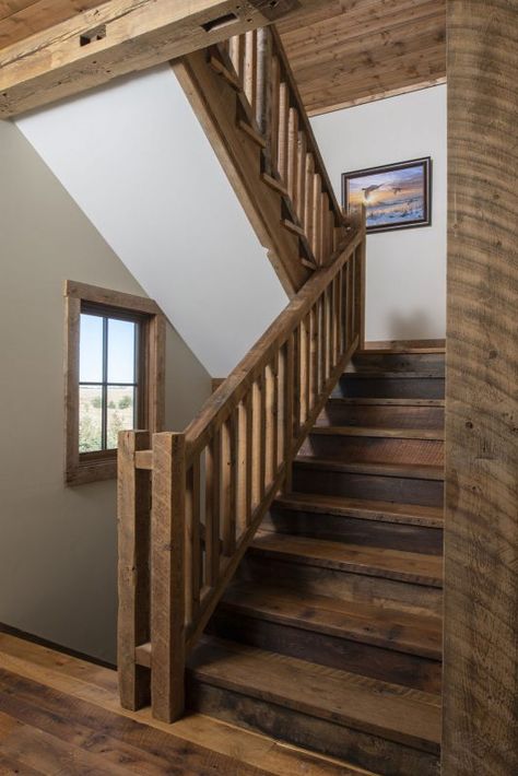 Cabin Stairs, Farmhouse Loft, Rustic Stairs, Timber Frame Building, Log Cabin Designs, Loft Stairs, Gambrel Roof, Basement Plans, Interior Colors