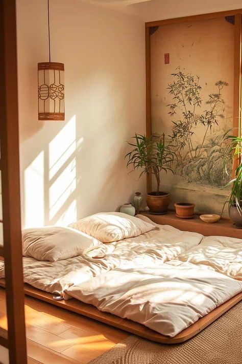 Japanese Style Room Aesthetic, Japanese Style Room Bedroom Designs, Korean Interior Design Bedrooms, Traditional Korean Bedroom, Asian Room Ideas, Korean Design Interior, Shikibuton Bedroom, Asian Modern Interior, Korean Style Interior