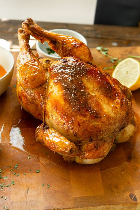 This honey roasted chicken takes me straight back to my childhood! It was my favorite meal that I always requested for my birthday dinner. #honeyroastedchicken #roastedchickenrecipe #dinnerrecipe Roast Chicken Video, Honey Roasted Chicken, Glazed Skin, Roasted Whole Chicken, Whole Chicken Recipe, Moist Chicken Breast, Spiced Eggs, Apple Cider Vinegar Chicken, Oh Sweet Basil