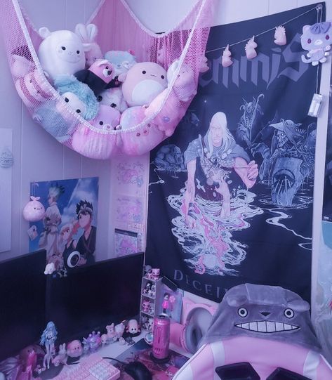 Pink Goth Aesthetic Bedroom, Half Goth Half Pastel Room, Pastel Goth Office Decor, Kawaii Goth Room Decor, Pastel Goth Interior, Egirl Bedroom Aesthetic, Pink Goth Room Aesthetic, Pastel Goth Room Aesthetic, Goth Gamer Room