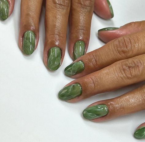 Green Nails Jade, Jade Nails Short, Green Overlay Nails, Short Nails Green Design, Olive Green Nails Oval, Olive Glazed Nails, Green Nail Inspo Short, Olive Gel Nail Designs, Olive Gel Nails