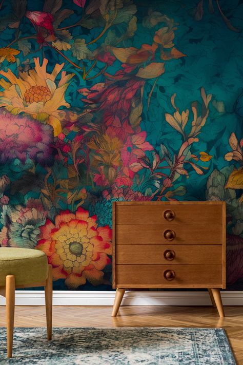 Wallpaper Bedroom Master Wall Murals, Colorful Mural Wall, Teal Abstract Wallpaper, Floral Wallpaper Bedroom, Flowers Wall Decor, Mexican Wall, Colorful Murals, Teal Walls, Living Room Red