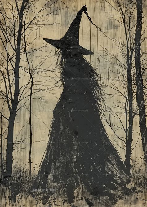 Digital download, NO PHYSICAL ITEM WILL BE SHIPPED. This art print uses an AI image base that has been heavily edited for composition and quality. Bring the spooky charm of Halloween into your home with this rustic digital art print featuring a ghostly witch in the autumn woods. The woodcut style adds a vintage touch, making it perfect for your seasonal decor. Ideal for framing and displaying in your living room, kitchen, or entryway, this artwork captures the eerie essence of Halloween night. P Vintage Halloween Silhouettes, Halloween Witch Illustration, Witch Decor Halloween, Vintage Halloween Printables, Rustic Halloween Decor, Witch Vintage, Vintage Witch Art, Vintage Halloween Images, Autumn Woods