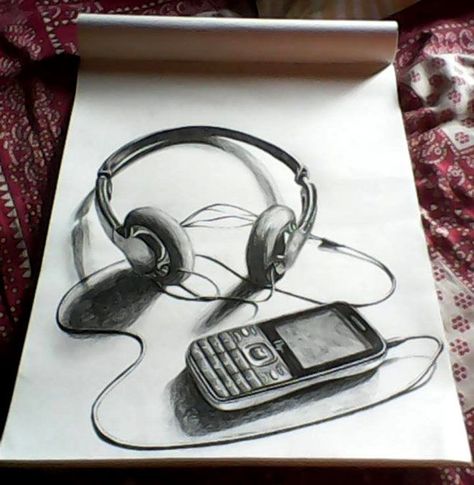 Mobile Phone & Earphones 3d Pencil Art, 3d Pencil Drawings, Illusion Drawings, Pencil Drawing Tutorials, 3d Art Drawing, Object Drawing, 3d Drawings, Graphite Pencils, A Pencil