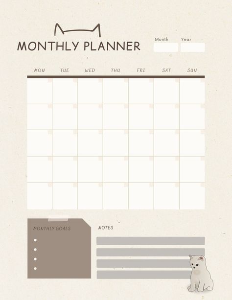 This adorable monthly planner is perfect for cat lovers! It features a cute cat illustration on each month, along with plenty of space to keep track of your appointments, tasks, and goals. The planner is also printed on high-quality paper, so it will last all year long.

Get yours Cute Monthly Planner, Monthly Planner Ideas, Free Blank Calendar, Cat Planner, Planner Themes, Calendar Design Template, Study Planner Printable, Personal Planners, Monthly Planner Template