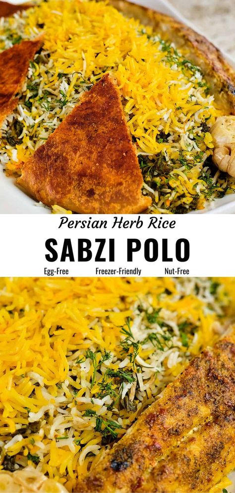 Sabzi polo, a classic Persian herb rice is wonderfully fragrant and delicious. This fluffy rice dish is loaded with herbs and popular at the Persian new year, Nowruz, often served with fish, as sabzi polo ba mahi. The crowning glory is the crunchy golden crust known as tahdig. This gluten free pilaf recipe can also be made vegan. #sabzipolo #herbrice #persianfood Sabzi Polo Recipe, Persian Herb Rice, Sabzi Polo Ba Mahi, Persian Tomato Rice, Persian Shrimp And Rice, Sabzi Polo Mahi, Persian Dinner Recipes, Persian Fish Recipe, Tadig Rice Recipe