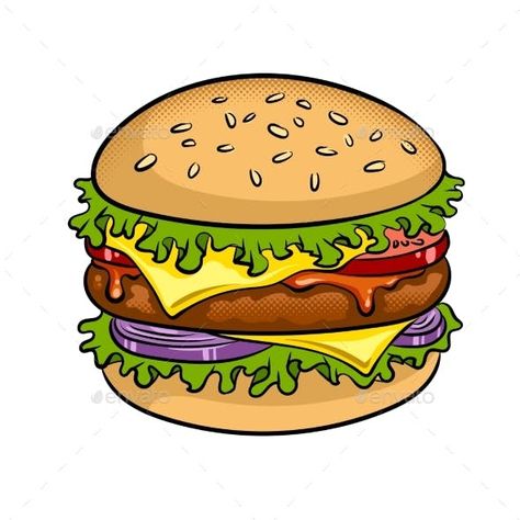 Burger Sandwich Pop Art Vector Illustration - Food Objects Burger Painting, Sandwich Drawing, Burger Drawing, Burger Cartoon, Burger Sandwich, Pop Art Food, Panini Hamburger, Pop Art Vector, Stone Paintings