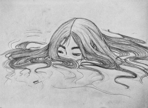 Girl drowning into water creative sketch. Floating hair over water. Head Out Of Water Drawing, Face Coming Out Of Water Drawing, Sea Person Drawing, Water Lady Drawing, Body In Water Drawing, Lady In Water Tattoo, How To Draw Hair In Water, Women In Water Drawing, Mermaid In Water Drawing