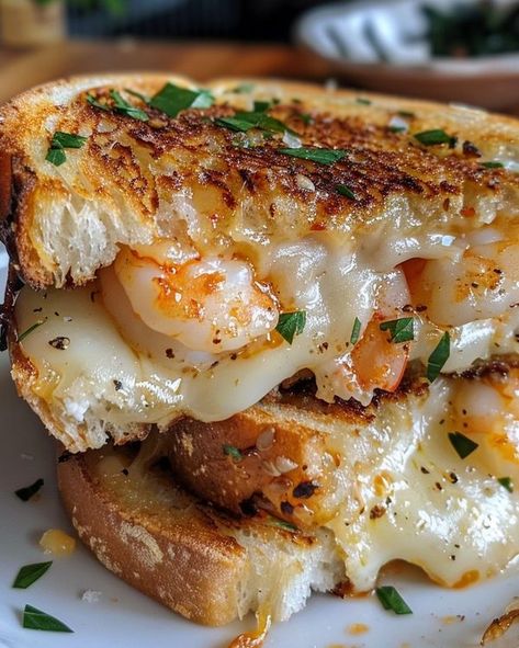 TX Shrimp Diva - Delightfully cheesy and no doubt this... Shrimp Grilled Cheese, Shrimp Monterey, Cheesy Shrimp Garlic Bread, Shrimp Melt Sandwich, Shrimp Grilled Cheese Sandwich, Grilled Shrimp Sandwich, Cheesy Garlic Bread Shrimp Grilled Cheese, Cheesy Garlic Bread Shrimp Grilled, Shrimp And Crab Garlic Toast