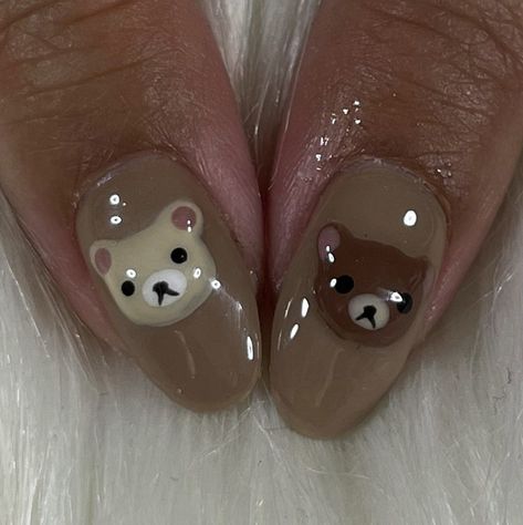 Teddy Bear Almond Nails, Teddy Nail Art, Bear Nails Designs, Bear Nail Design, Cute Bear Nails, Teddy Nails, Teddy Bear Nail Art, Teddy Bear Nails, Iconic Nails