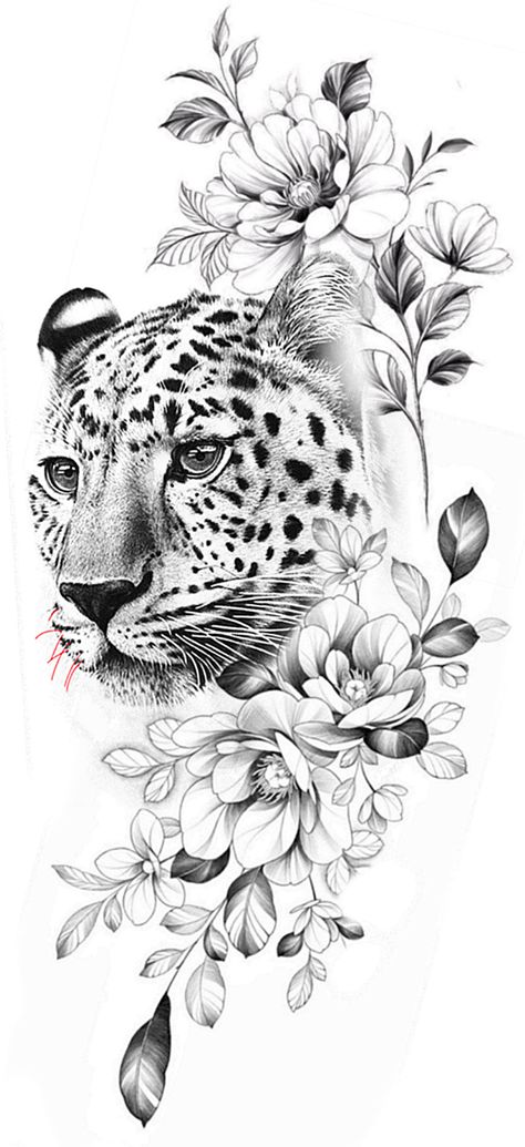 Rose And Leopard Print Tattoo, Cheetah With Flowers Tattoo, Leopard And Flower Tattoo, Leopard Flower Tattoo, Leopard Hip Tattoo, Jaguar Tattoo Stencil, Leopard Tattoo Stencil, Cheetah Tattoo For Women Sleeve, Women Thigh Tattoos Ideas Beautiful