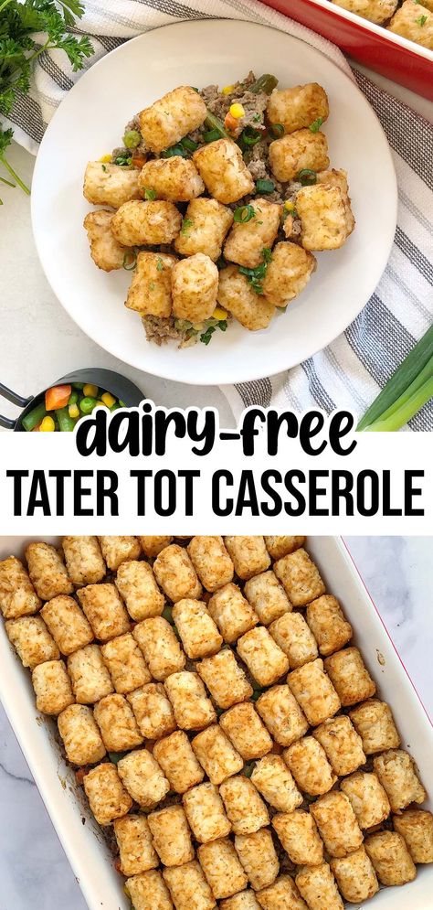 Ground Beef Casserole Recipes Dairy Free, Casserole Recipes Without Cheese, Casseroles Without Cheese, Meals Without Dairy, Easy Tater Tot Casserole, Casserole With Ground Beef, Tater Tot Casserole Recipe, Tater Tot Recipes, Dairy Free Breastfeeding