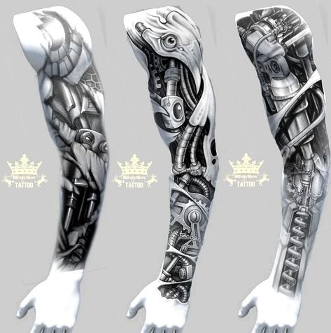 No photo description available. Realistic Tattoo Design, Biomech Tattoo, Biomechanical Tattoo Design, Robot Tattoo, Tatoo 3d, Full Hand Tattoo, Unique Tattoos For Men, Mechanic Tattoo, Biker Tattoos