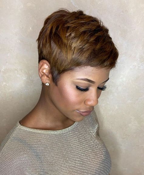 Color For Short Hair Black Women, Short Brown Pixie Haircuts, Chocolate Brown Pixie Haircut, Mushroom Hairstyles Black Women, Brown Pixie Haircut Black Women, Brown Pixie Cut Black Women, Pixie Cut Highlights, Short Hair Black Women Pixie, Colored Pixie Hair Black Women