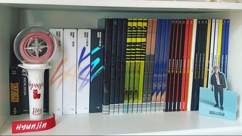 Skz Album Shelf, Skz Album Collection, Kpop Shelves, Kpop Albums Shelf, Stray Kids Album, Office Arrangement, Stay Core, Kpop Shelf, Kawaii Room Ideas