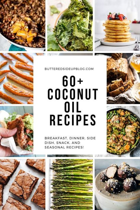 Over 60 coconut oil recipes, including breakfast, dinner, side dishes, snacks, and seasonal recipes! #coconutoil #coconutoilrecipes #butteredsideupblog #reciperoundups Recipes With Coconut Oil Dinner, Coconut Oil Dinner Recipes, Healthy Coconut Oil Recipes, Coconut Oil Snacks, Coconut Oil Baking, Stuff To Do With Coconut Oil, How To Use Coconut Oil, Recipes Using Coconut Oil, Coconut Oil Recipes Food