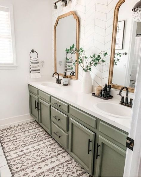 Sherwin Williams Contented (Palette, Coordinating & Inspirations) Green Bathroom Vanity, Small Bathroom Ideas On A Budget, Small Bathroom Ideas Modern, Tiny Bathrooms, Bathroom Inspiration Decor, Asian Decor, Green Bathroom, Bathroom Remodel Master, House Bathroom