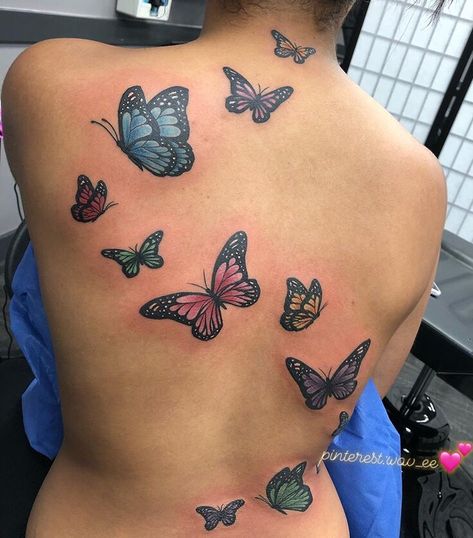 Butterflies Going Up Back Tattoo, Big Butterfly Back Tattoo, Blue Butterfly Tattoo Black Women, Butterfly Tattoo On Back, Black Woman Butterfly Tattoo, Big Butterfly Tattoo On Buttcheek, Butterfly Tats, Hogwarts Tattoo, Girl Neck Tattoos