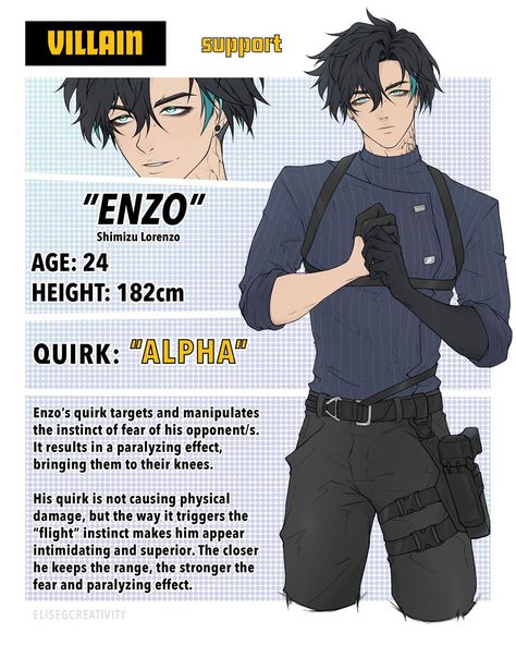 Elise G. on Instagram: “#bnhaoc • I present my second villain; Lorenzo, aka Enzo ❤️‍🔥 - In contrast to Zenith, Enzo is more emotionally available towards his…” Mha Hero Costumes Ideas, Bnha Quirks Ideas, Emotionally Available, My Hero Academia Costume, Kids Hero, Villain Character, Start Drawing, Hero Time, Superhero Characters