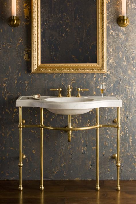 4-Leg Curved Console shown in Brass with Carrara Marble Sink. Available at Renaissance in Old Town. Stone Forest, Towel Bar Bathroom, Custom Sinks, Console Sink, Honed Marble, Marble Sinks, Gorgeous Bathroom, Brass Bathroom, Pedestal Sink