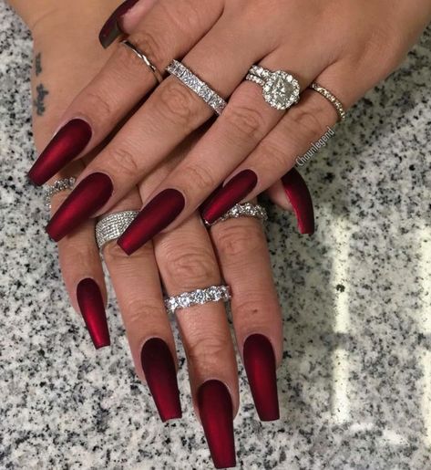 Red Wedding Nails, Red Matte Nails, Red Chrome Nails, Acrylic Nail Designs Coffin, Long Red Nails, Maroon Nails, Red Acrylic Nails, Matte Nails Design, Red Nail