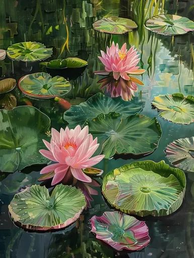 ↑↑↑ Larger size on website �🔸 A painting depicting a serene pond scene. Lush green lily pads float on the water's surface, adorned 🔸 From Midjourney AI Image Pond With Lily Pads Drawing, Lily Pads Art, Water Lily Garden, Frog Pond Painting, Lily Pads Illustration, Lily Pad Decor, Lilly Pads Painting, Lilypads Art, Lily Pads Painting