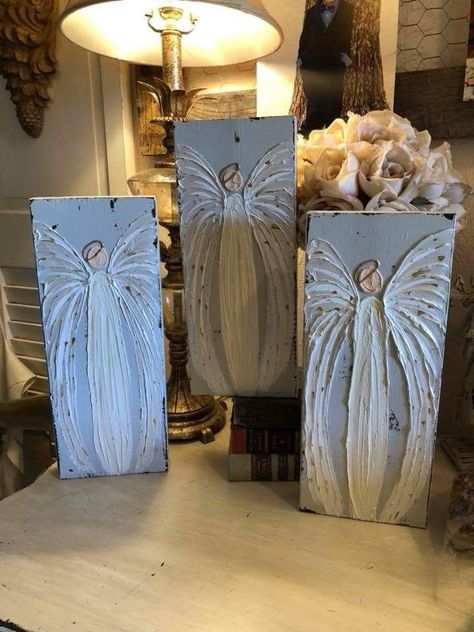 Plaster Angel Wings On Canvas, Angel Mixed Media, Xmas Paintings, Painted Angels, Angel Wings Painting, Angel Paintings, Nativity Painting, Textured Paint, Artist Trading Card