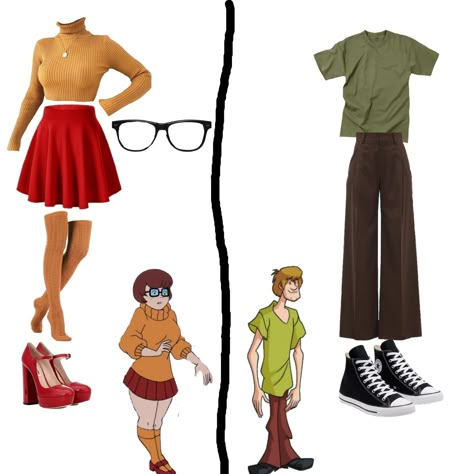 Couple Halloween Costumes Velma And Shaggy, Halloween Costumes Women Family Friendly, Cartoon Characters Costumes Ideas Easy, Shaggy And Velma Halloween Costumes, Velma And Shaggy Costume Black Couple, Fred And Shaggy Costume, Vilma And Shaggy Costume, Easy Character Halloween Costumes, Shaggy Velma Costume