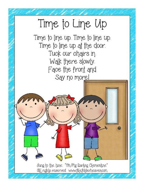 FREEBIE!! Time to Line Up Classroom Poster --"Time to Line Up" is an original song and poster to help establish a lining up routine.   (Sung to the tune of "Oh My Darling Clementine")  "Time to line up. Time to line up."   Time to line up at the door.   Tuck our chairs in.   Walk there slowly.   Face the front and--    Say no more!"  All rights reserved:  www.filefolderhea... Transition Songs For Kindergarten, Line Up Songs For Preschool, Prek Songs, Classroom Chants, Line Up Songs, Free File Folder Games, Preschool Transitions, Preschool Poems, Transition Songs