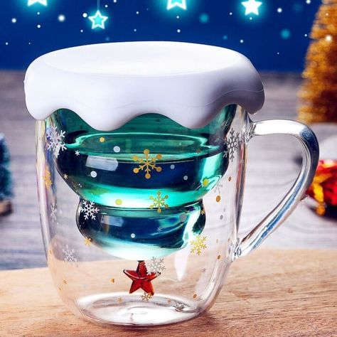 Upside Down Christmas Tree, Christmas Tree Star, Double Wall Glass, Glass Coffee Cups, Cute Christmas Tree, Christmas Cup, Glass Coffee Mugs, Heat Resistant Glass, Gift Box Packaging