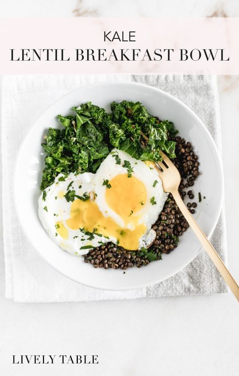 Kale, lentils, yogurt, and eggs come together to make a healthy, delicious and savory breakfast with ingredients you probably already have in your kitchen in this Kale Lentil Breakfast Bowl! #glutenfree #nutfree #vegetarian #breakfastbowl #kalerecipes #lentilsforbreakfast #lentilrecipes #healthyrecipes #healthybreakfast Lentil Breakfast, Healthy Bowl Recipes, Healthy Vegetarian Breakfast, Healthy Bowl, Healthy Bowls Recipes, Breakfast Delicious, Healthy Bowls, Kale Recipes, Lentil Recipes