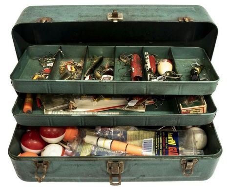 VINTAGE TACKLE Vintage Tackle Box Ideas, Tackle Box Ideas, Fishing Aesthetic, Box Png, Hat Bar, Beginning Running, Restaurant Ideas, Fishing Tackle Box, Tackle Box