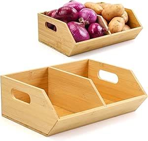 BYOA Official 2 Set Bamboo Storage Bins, Pantry Organizers and Storage, Kitchen Countertop Organization and Storage Basket for Produce, Onions, Potatoes, Garlic, Fruits, Vegetable and Bread Storing Potatoes, Onion Storage, Potato Storage, Kitchen Countertop Organization, Bamboo Storage, Efficient Kitchen, How To Store Potatoes, Potatoes Onions, Pantry Organizers