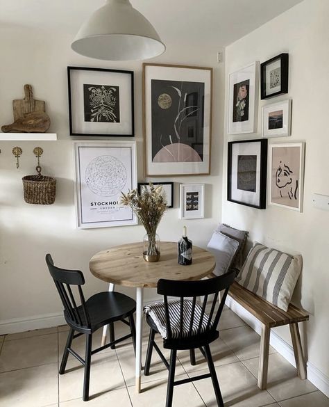 15 Gorgeous Small Dining Room Ideas That Are Big On Personality 2 Dining Corner Wall Decor, Corner Gallery Wall Kitchen, Corner Gallery Wall Dining Room, Small Living Room Wall Ideas, Scandi Gallery Wall, Kitchen Wall Gallery Ideas, Photo Wall Kitchen, Corner Gallery Wall Living Room, Gallery Wall Corner