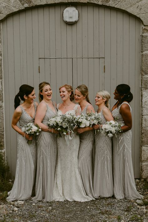 Silver sequin floor length bridesmaids dresses by Frock & Frill. White + neutral wedding bouquets. Images by Adam and Grace Photography. Silver Bridesmaid Dresses Sparkly, Silver Dress Bridesmaid, Shimmery Bridesmaid Dresses, Silver Bridesmaid Dress, Silver Bridesmaids Dresses, Glitter Bridesmaid Dress, Silver Sequin Bridesmaid Dress, Silver Grey Bridesmaid Dresses, Country Wedding Dresses Bridesmaid