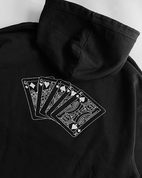 Introducing the “Playing Cards” embroidery design. This unique pattern is created with a single line and can be stitched in any thread colors of your choice. The embroidery is available on a variety of products and in different colors. All items are made from premium 100% organic cotton with high density, manufactured in Portugal. Embroplace.com Hoodie Embroidery Ideas, Cards Embroidery, Hoodie Embroidery, Embroidery Hoodie, Thread Colors, Single Line, Boy Hairstyles, One In A Million