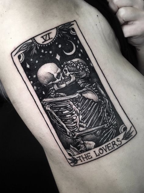 Tattoo uploaded by Betty | “The lovers” tarot card. #thelovers #betty #tarot #tarotcard #skeleton #kiss | 1038547 | Tattoodo Skeleton Lover Tattoo, Tarot Card Tattoo Skeleton, Tattoo Ideas Tarot Cards, The Lovers Tarot Tattoo, Skeleton Lovers Tattoo, Tarot Card Drawings, The Lovers Tarot Card Tattoo, The Lovers Tattoo, Tatuaje Cover Up