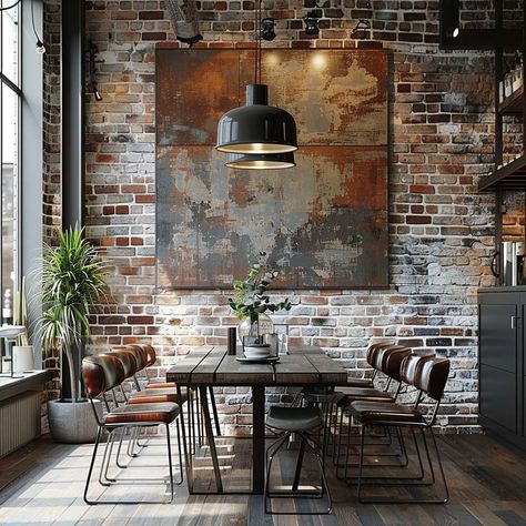 Industrial Dinner Room, Brick Dining Room Wall, Industrial Modern Interior, Rustic Industrial Dining Room, Brick Wall Dining Room, Brick Dining Room, Tuileries Palace, Industrial Modern Bedroom, Dining Room Wall Decor Ideas