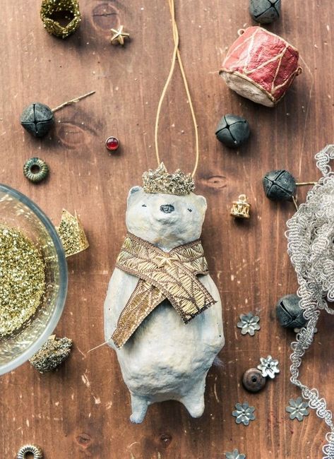 Spun Cotton Ornaments, Glass Crown, Paper Mache Christmas, Cotton Ornaments, Paper Mache Animals, Paper Mache Sculpture, Paper Mache Art, Paper Mache Crafts, Cotton Crafts