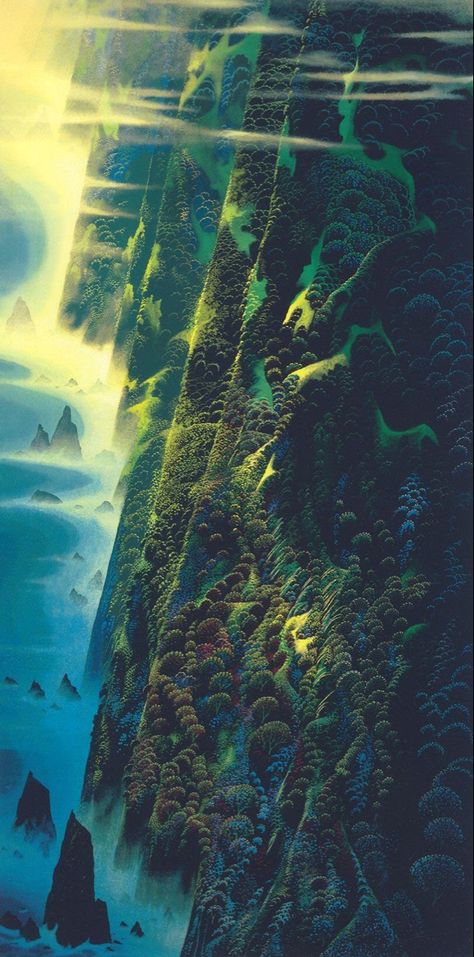 Eyvind Earle | Jeweled Eyvind Earle, Bg Design, Magic Realism, Fantasy Art Landscapes, Arte Fantasy, Environment Concept Art, Op Art, Fantasy Landscape, Surreal Art