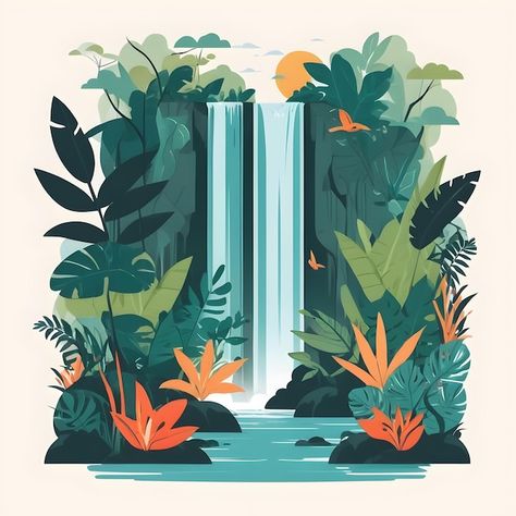 Tropical Background Illustration, Waterfall Illustration, Waterfall Poster, Hidden Waterfall, Waterfall Painting, Nature Illustrations, Vector Nature, Waterfall Design, Flat Design Illustration